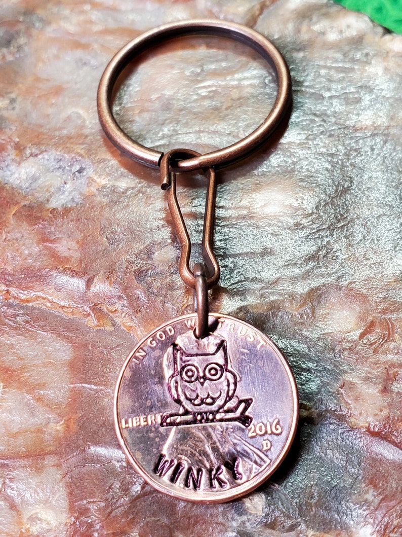 OWL on Branch PERSONALIZED Hand-stamped Penny Key Ring Your Choice of Date 1959 through 2021 style 1