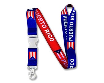 Puerto Rico Lanyard Keychain - Blue / Red Reversible ID Badge Holder for Keys ID Fob - Short Lanyard Key Chain for Men Women Gift