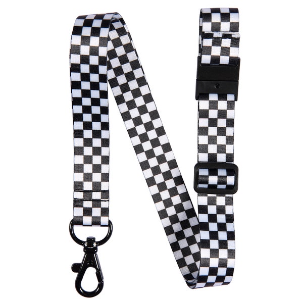 Black/White Checkered Flag Racing Lanyard Keychain Neck Strap Adjustable Length - Checkerboard ID Badge Holder for Keys Fob - Checker Race