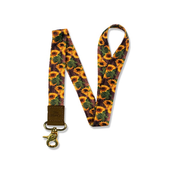 Sunflower Lanyard Keychain Neck Strap - Sun Flower ID Badge Holder for Keys Fob - Sunflower Gifts - Yellow Flowers Key Chain (Brown)