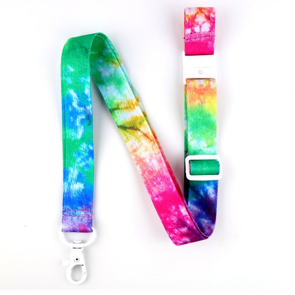 Tie Dye Lanyard Keychain Neck Strap Adjustable - Rainbow ID Badge Holder with Clip for ID Keys Fob - Hippie Key Chain for Men Women Gift