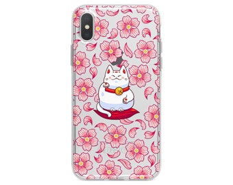 iPhone Case Maneki Neko And Flowers iPhone X Case Xs Max Xr 8 Plus 7 Plus Floral Cute Lucky Cat Pink White iPhone 6s Plus SE iPhone 5s Art