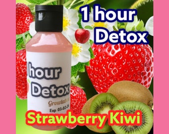 May include: A clear bottle with a pink liquid and a white label that says "1 hour Detox Growlabs Exp 03-02-24 Strawberry Kiwi". The bottle is surrounded by strawberries, kiwi, and flowers.
