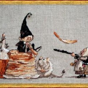 May include: A whimsical cross-stitch design featuring a gnome wearing a green hat, sitting on a stack of pancakes, with a bottle of alcohol nearby. A small mouse is sitting next to the gnome, and a woman in a white dress and bonnet is holding a stick and flying through the air.