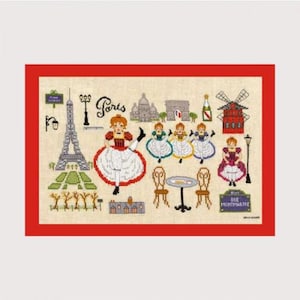 May include: A cross-stitch pattern featuring a Parisian scene with the Eiffel Tower, a windmill, and a group of women in red, white, and blue dresses. The text "Paris" and "Rue Montmartre" are included in the design.