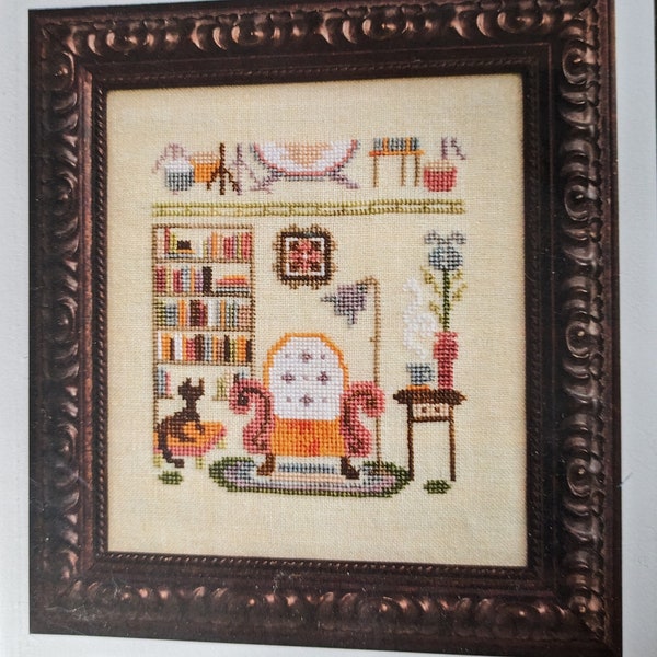 New Ink Circles "Upstairs, Downstairs" cross-stitch chart;  chair, bookcase, cat, lamp