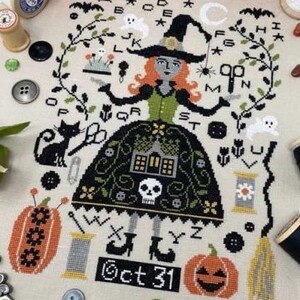 May include: A cross-stitch pattern featuring a witch with a black and green dress, a black cat, a pumpkin, and the text "Oct 31".