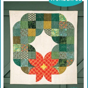 May include: A red and green patchwork quilt block in the shape of a wreath with a red poinsettia in the center. The quilt block is on a white background with the text "POSH Wreath" and "Sew Kind of WONDERFUL" above it. The text "OCR -mini- Pattern" is below the quilt block.