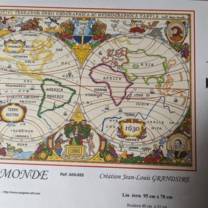 May include: Cross-stitch map of the world, titled "MAPPEMONDE", with detailed illustrations and text. The map, dated 1630, features continents, oceans, and decorative figures. The dimensions are 37.4 inches x 27.5 inches.