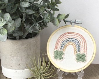 Boho Rainbow Wall Decor, St. Patrick's Day Decoration, Hand Embroidered Hoop Art, New Mom Gift, Boho Nursery Decor, Good Luck Wall Hanging