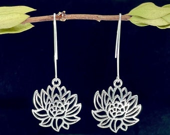 Silver Flower Dangle Earrings Sterling Silver Wires Nature Jewelry Minimalist Lotus Flower Design Boho Handmade Gift Trendy Everyday Fashion
