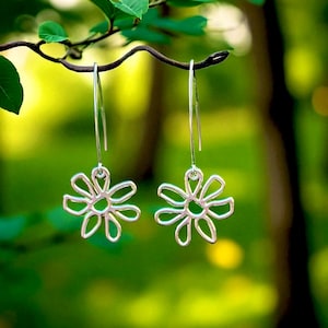 May include: A pair of silver-colored dangle earrings. Each earring features a delicate openwork flower design suspended from a long, slender wire. The earrings are displayed against a blurred green background, suggesting a natural setting.
