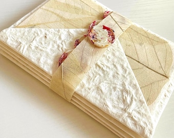 Real Bohdi Leaf Note Card Sets and Envelopes Handmade Mulberry Paper with Rice Paper and leaf Inserts and wax seals 4 complete 4-Piece Sets