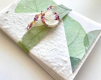 Green Bohdi Leaf Note Card Sets and Envelopes Handmade Mulberry Paper with Rice Paper and leaf Inserts and wax seals 4 complete 4-Piece Sets