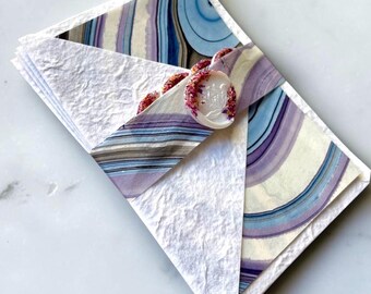 Marbled Note Card sets Handmade Mulberry Paper Purple Blue Swirls with Envelopes Liners Inserts Rustic Wax Seals - 4 Complete 4-Piece Sets