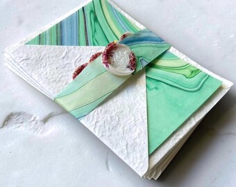 Marbled Note Card sets Handmade Mulberry Paper Green Blue Swirls with Envelopes Liners Inserts Rustic Wax Seals - 4 Complete 4-Piece Sets