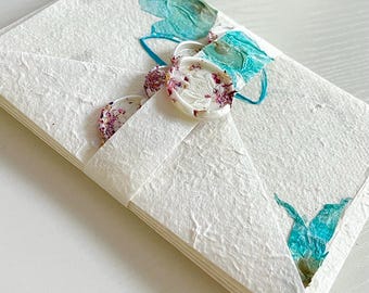 Real Flower Note Card Sets and Envelopes Handmade Mulberry Paper with Rice Paper and Real Leaf Inserts and wax seals 4 Complete 4-Piece Sets