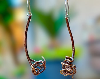 Grapevine Tendrils Dangle Earrings Sterling Silver Wires Wood Nature Jewelry Handmade Gift Boho Minimalist Rustic Upcycled