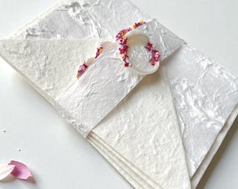 Clouds Handmade Note Card Sets of Mulberry Paper with Envelopes and Rice Paper with dried leaf Inserts and wax seals 4 complete 4-Piece Sets