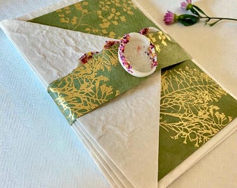 Handmade Note Card Sets Lokta Paper Floral Design Mulberry Envelopes Pressed Leaf Rice Paper Inserts and Wax Seals 4 Complete 4-Piece Sets