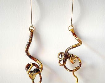 Grapevine Tendrils Dangle Earrings 14 Kt. Gold Filled Wires Wood Nature Jewelry Handmade Gift Boho Minimalist Rustic Upcycled