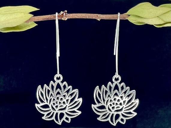 Silver Flower Dangle Earrings Sterling Silver Wires Nature Jewelry Minimalist Lotus Flower Design Boho Handmade Gift Trendy Everyday Fashion