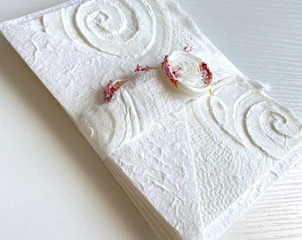 Embossed Spirals Note Card Sets and Envelopes Handmade Mulberry Paper with Rice Paper and leaf Inserts and wax seals 4 complete 4-Piece Sets