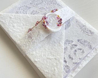 Mulberry Rose Lace Note Card Sets  Handmade Mulberry Paper and Envelopes Pressed Leaf Rice Paper Inserts Wax Seals 4 Complete 5-Piece Sets