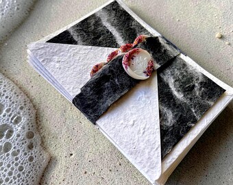 Ocean Waves Note Card Sets and Envelopes Handmade Mulberry Paper Black and White Nature-  Inserts Rustic Wax Seals - 4 Complete 4-Piece Sets