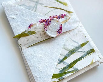 Real Bamboo Leaves Notecard Sets and Envelopes Handmade Mulberry Paper with Rice Paper and leaf Inserts Wax Seals 4 complete 4-Piece Sets