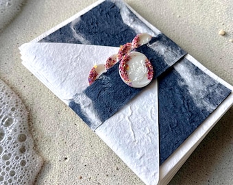 Ocean Waves Note Card Sets and Envelopes Handmade Mulberry Paper Blue Nature Stationery  Inserts- Rustic Wax Seals - 4 Complete 4-Piece Sets
