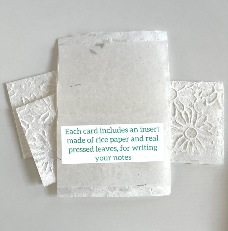 May include: A set of three blank cards with a textured surface. Each card includes an insert made of rice paper and real pressed leaves, for writing your notes.
