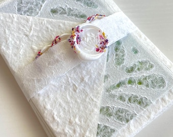Monstera Leaf Lace Note Card Sets  Handmade Mulberry Paper and Envelopes Pressed Leaf Rice Paper Inserts Wax Seals 4 Complete 5-Piece Sets
