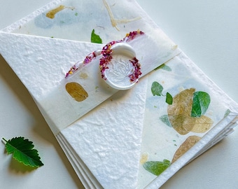 Raintree Leaves Notecard Sets and Envelopes Handmade Mulberry Paper with Rice Paper and leaf Inserts Wax Seals 4 complete 4-Piece Sets