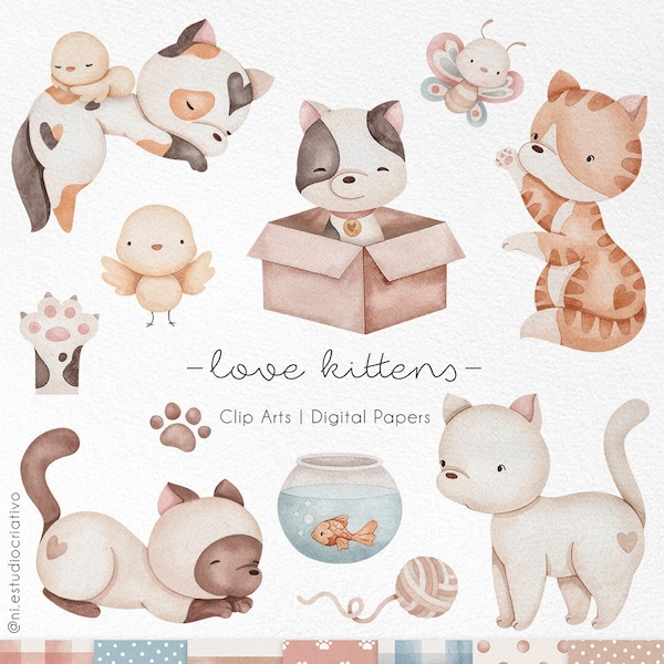 Love Kittens watercolor clipart set, little and cute cat, Pet Clipart, animal illustrations, kitty png, Printable stickers Planner supplies