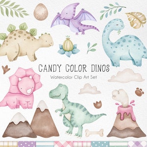 Candy Color Dino watercolor clipart, Pink Dinossaur Baby Shower, Roar, baby girls party theme, Nursery wall Decor,  pastel color art