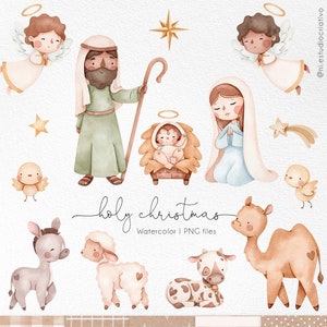 Holy Christmas watercolor, Nativity clipart, Christian Christmas illustrations and papers, Jesus birth, Holy Family printables art