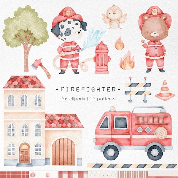 Firefighters watercolor clipart, Cute Animals Baby Shower, Fire Truck illustration, Baby boy Nursery,  Printable Art, Bear and Dalmatian