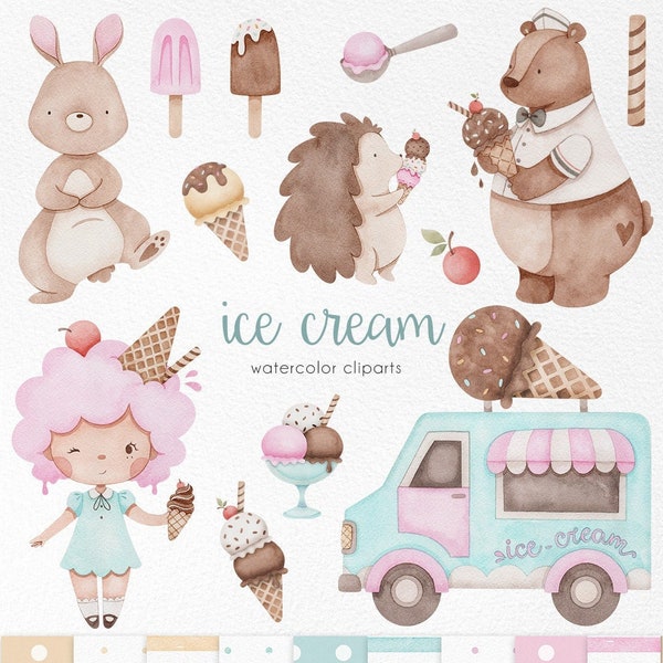 Eis Aquarell Clipart Set, Eis Stand, rosa und blau Partybedarf, Baby Shower Clipart, Willkommen Baby Einladung, niedliche Tiere