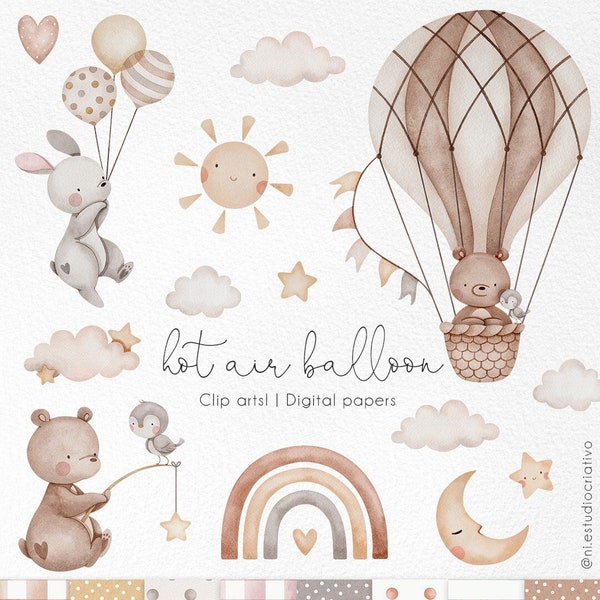 Heißluftballon-Aquarell-Set, Ballon-Kinderzimmer-Dekor, niedlicher kleiner Bär und Hase png-Grafiken, Babyparty- und Einladungszubehör