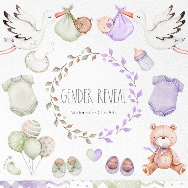 Gender Reveal watercolor clipart set, baby nursery decor, purple and green party supplies, Baby Shower Clipart, Welcome Baby invitation art