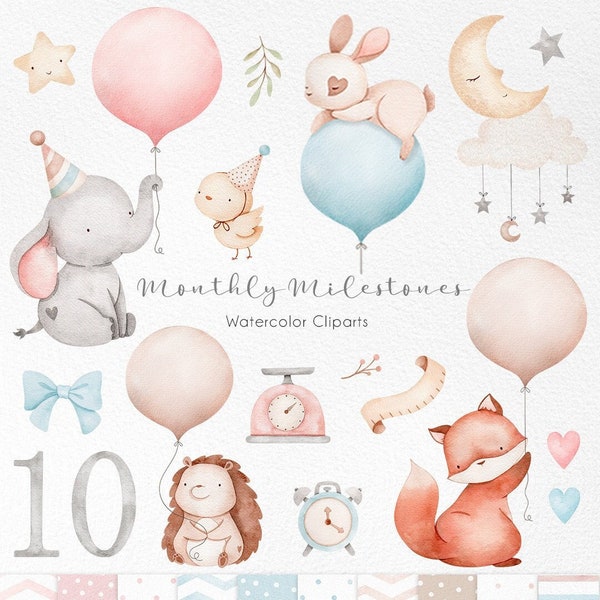 Baby-Monats-Meilenstein-ClipArts, Geburtstags-Cliparts, Kunstwerke zum monatlichen Wachstum, Babyparty-Geschenk, Tier mit Luftballons png
