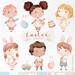 Easter Kids Watercolor clipart,  Bunny watercolor clipart, Vintage baby kids nursery decor, Cute girl and boy graphics