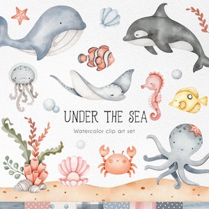 Under the sea Watercolor Clipart - Baby boy and girl nautical clip art, Baby shower, octopus, jellyfish, whale, cute ocean animals png