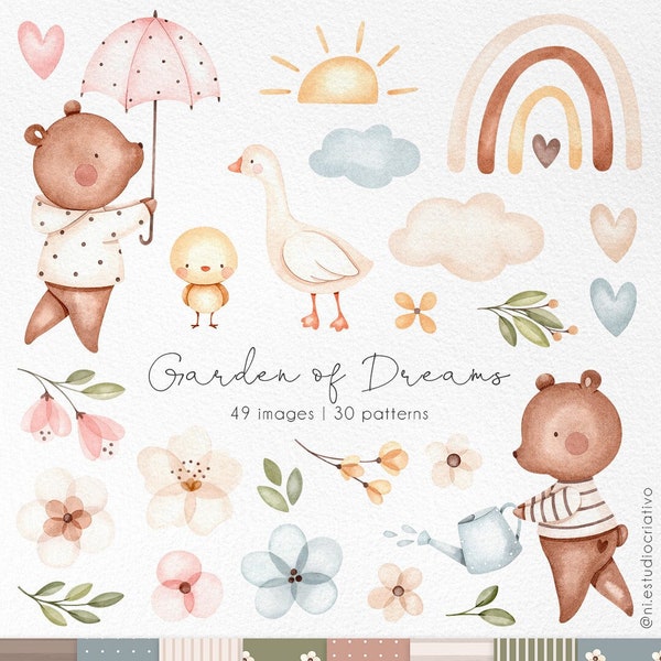 Garden of Dreams watercolor clipart, floral spring art, cute little bear, spring flowers, pastel color nursery decoration