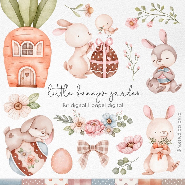 Little Bunny’s Garden Aquarelle clipart, clipart aquarelle de Pâques, graphiques de décoration de bébé couleur pastel, fleurs png, jolie maison de carottes