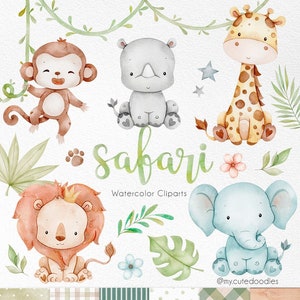 Safari watercolor clipart, Safari Baby Shower, Jungle Watercolor Clip Art, Nursery Nursery Decor art,  Printable Art, Wall Decor