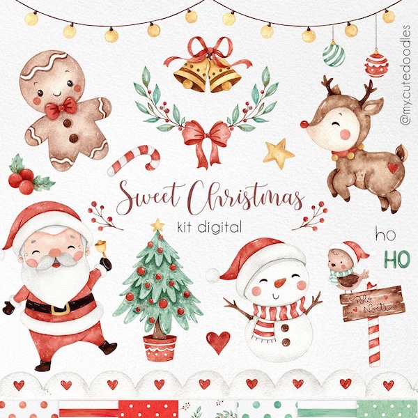 Sweet Christmas watercolor clipart, Cute Santa watercolor graphics, Winter Holidays Watercolor png