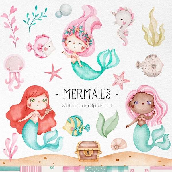 Clipart aquarelle de sirènes mignonnes - petites créatures magiques sous la mer, baby shower, bébé poisson png thumbnail