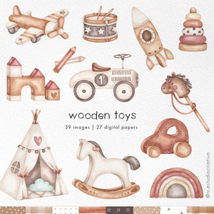 Wooden toys watercolor clipart, boho nursery png, neutral eco toys illustrations, digital sticker, cute designs for Baby Shower